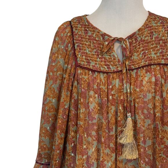 Free People Swinging Peasant Dress Womens XS Mustard Metallic Smocked Tassels - Picture 3 of 12